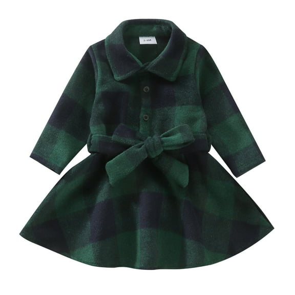 Coerni Toddler Girl Green Plaid Woolen Dress Trendy Girls Fleece Lined Thick Lapel Long Sleeve Dresses Fall Winter Clothes