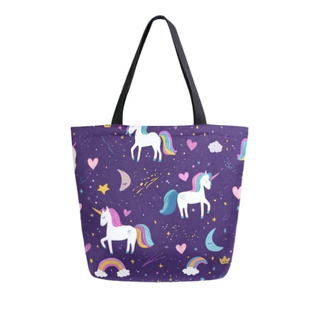 Large Opening Canvas Tote Bag Thickened Durable Shopping Bag Casual Commuter Handbag Lightweight Reusable Daily Bag Dark Purple Unicorn Print