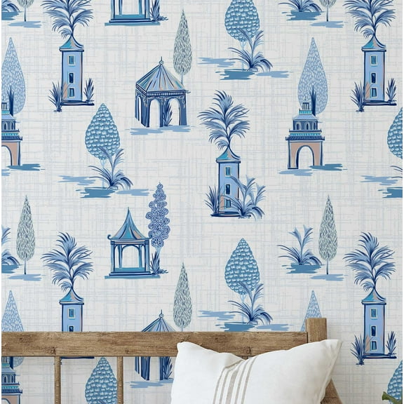 S4Sassy Peel and Stick Wall Covering, Pagoda Toile Print Removable Wallwrap- Asian Style Walls Mural, Instant Wall Makeover for Bathroom, Closet Interior Self-Adhesive Wallpaper Vinyl- Blue, 25"x120"