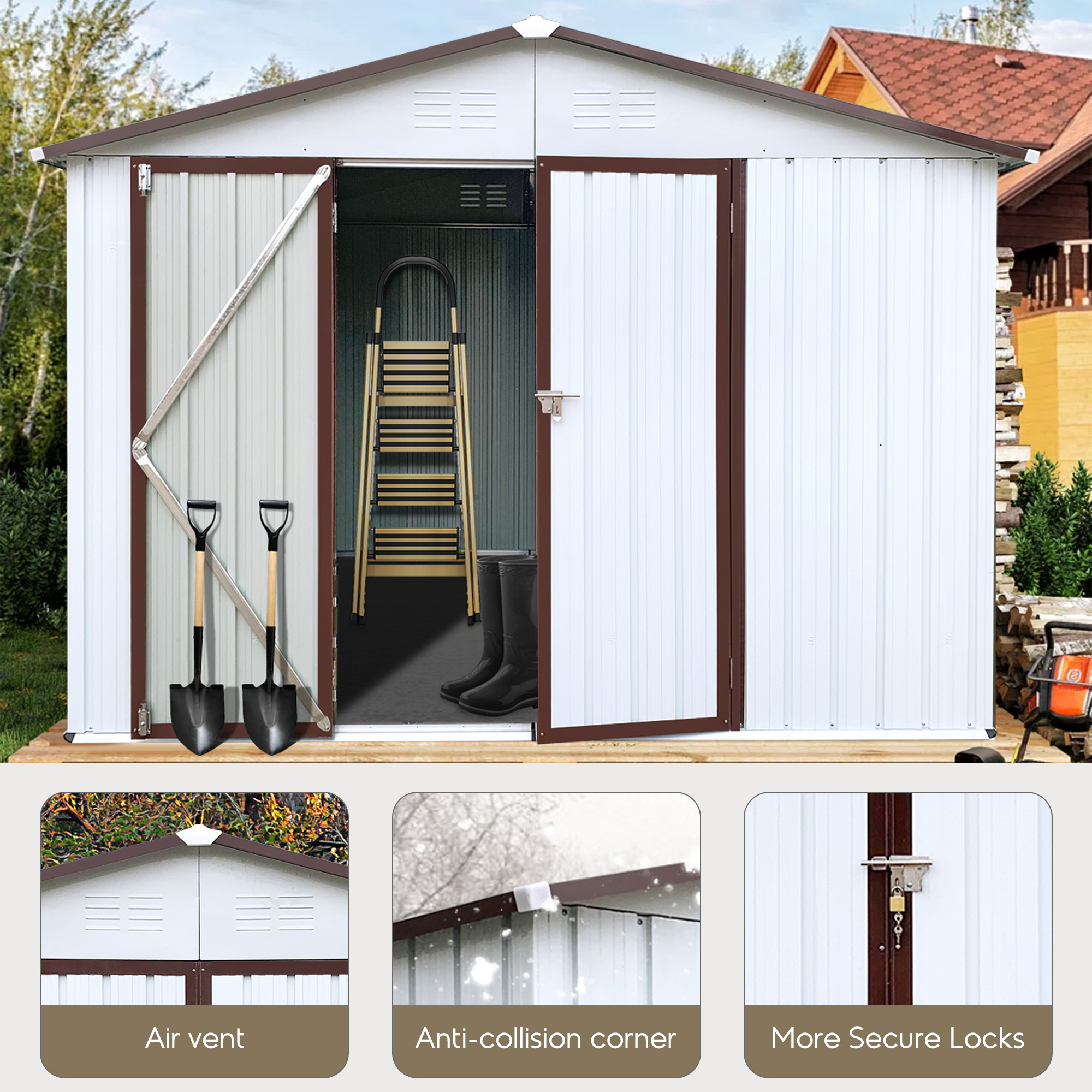 Aukfa 8FT x 6FT Outdoor Storage Shed, Metal Garden Shed with Vents, Tool Shed with Door and Padlock for Backyards, Patio Lawns, White