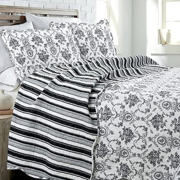 Cozy Line French Medallion Toile Black Reversible 100% Cotton 3-Piece Quilt Set, Queen Set
