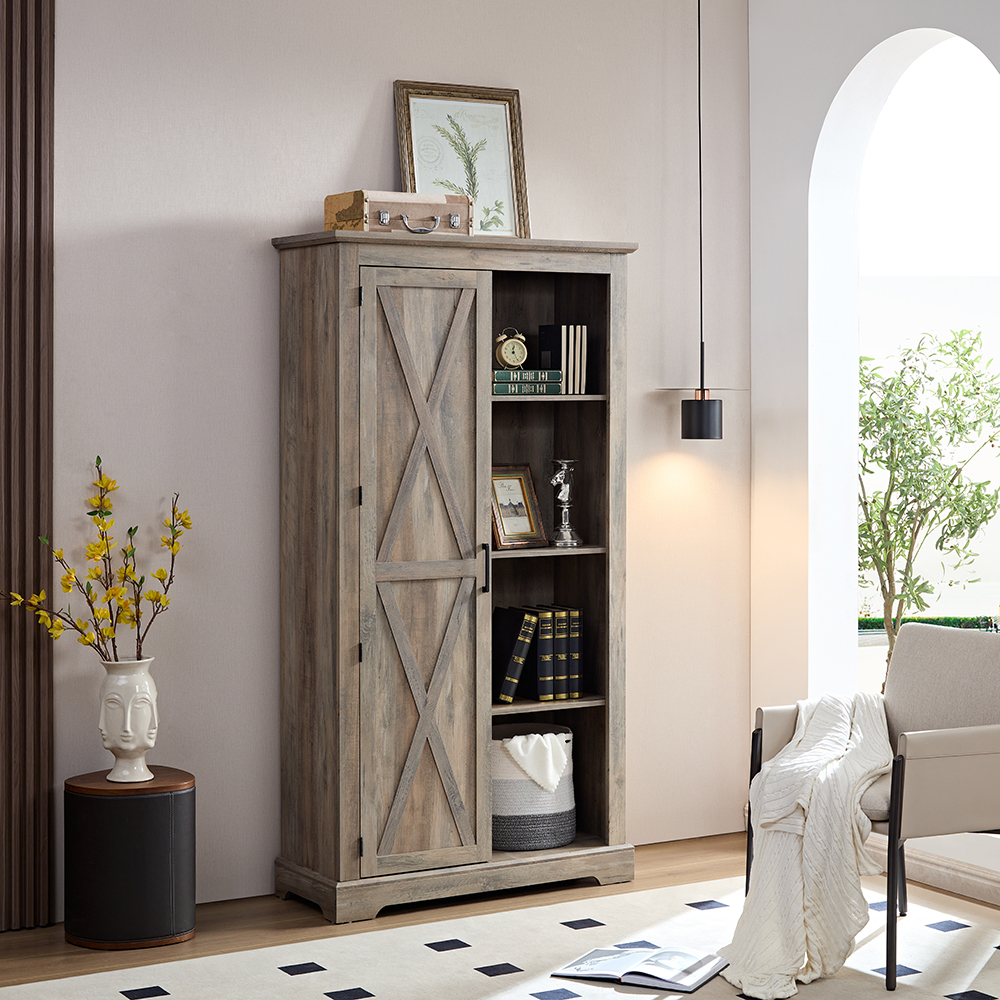 Resenkos Tall Storage Cabinet Barn Door Storage Country Wood Rustic Farmhouse Pantry Cupboard Barn Door Kitchen Organizer Furniture, Gray Wash
