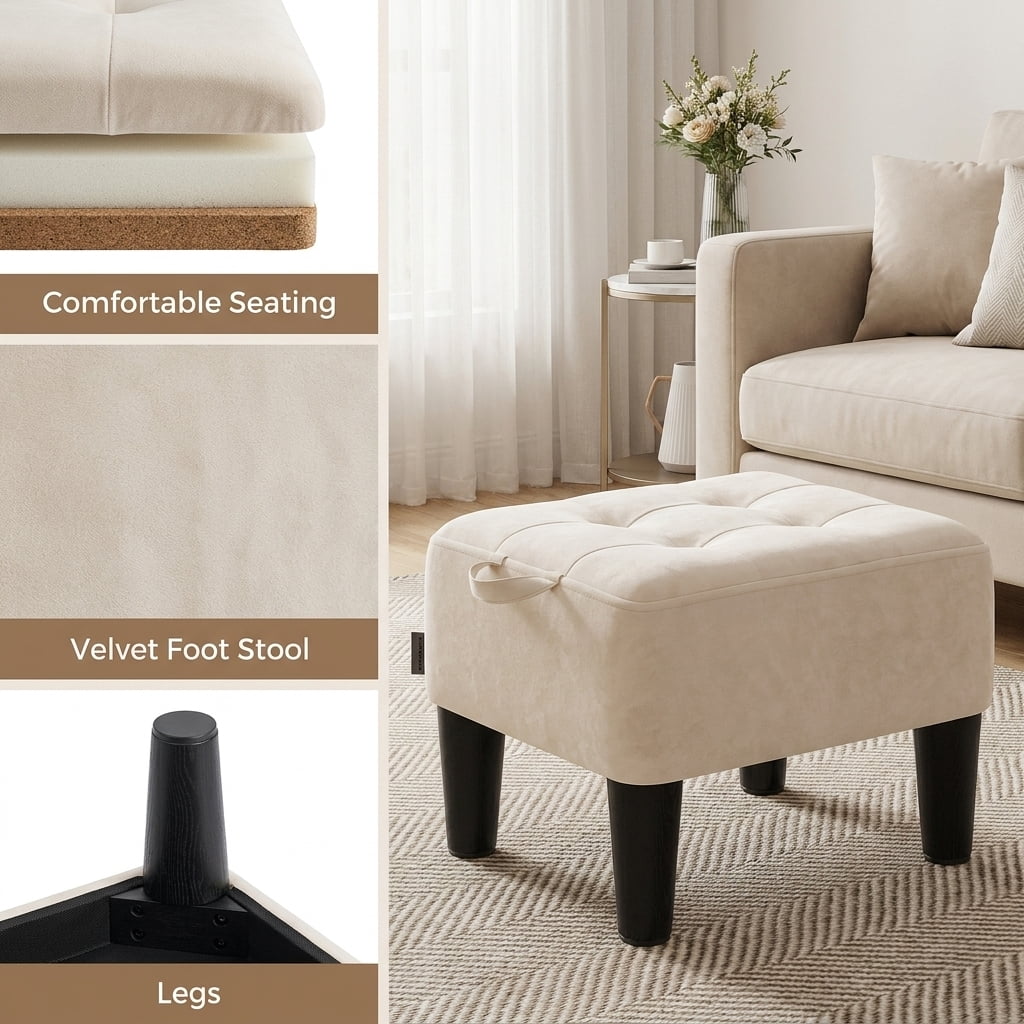 Ledrem Small Ottoman Foot Stool with Thick Cushion & Sturdy Angled Legs, Cream White