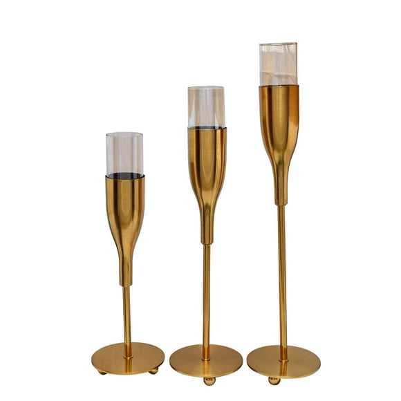 Decozen Candle Holders Set of 3 Decorative Gold Finished Metal and Glass for Home Decor Console Table Centerpiece Dining Living Room Bedroom Office Farmhouse Wedding Decorations - 17.5", 15", 13"