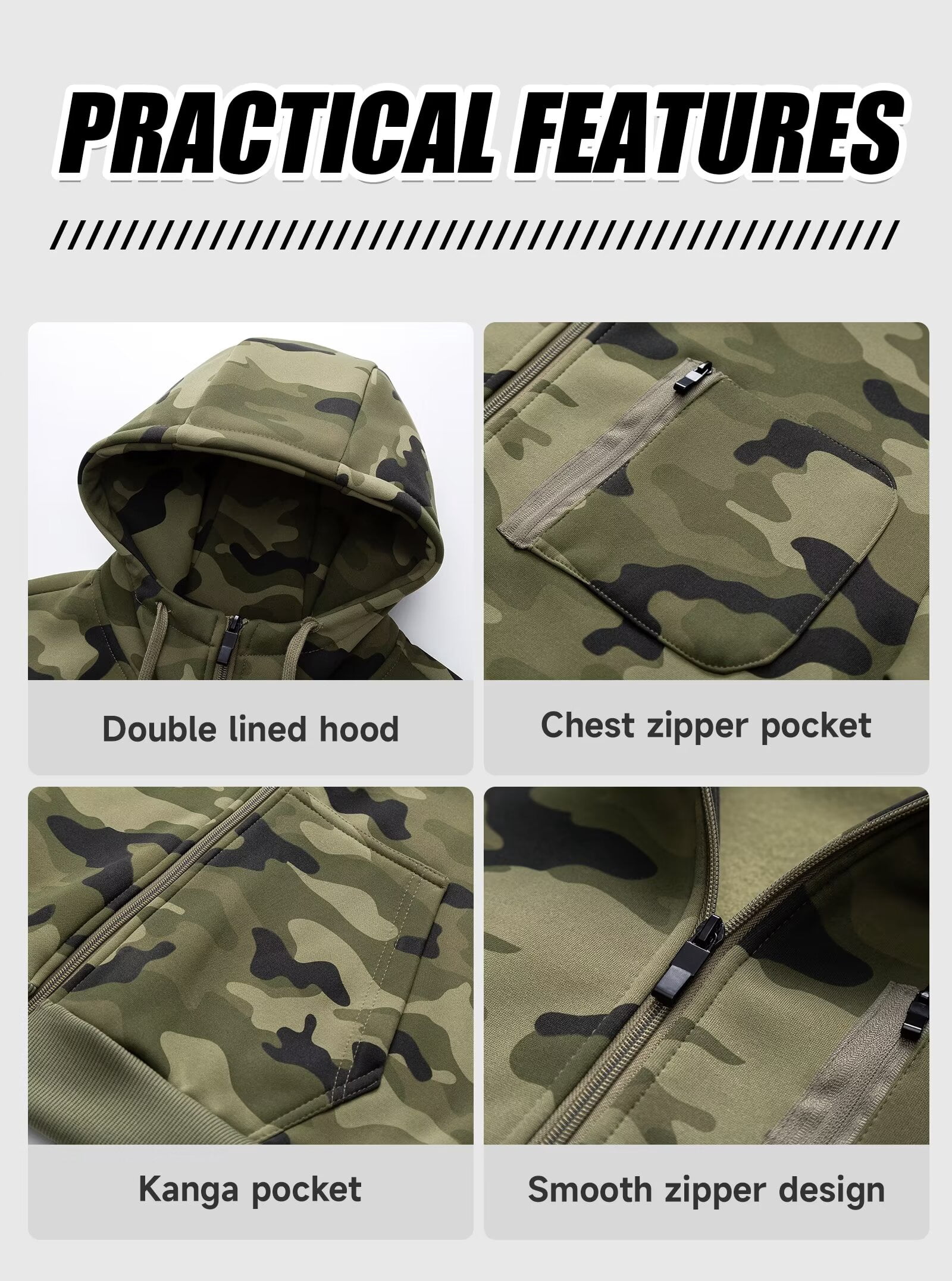 Chrisuno Men's Fashion Hoodies Sweatshirts Oversized Full Zip Hooded Active Medium Thickness Warm Sweater Camouflage 2XL