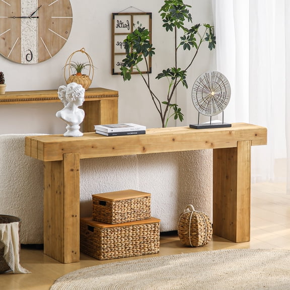 PieDle Solid Wood Farmhouse Console Table, 63" Long, Rustic Narrow Entryway Table with Lower Shelf for Hallway, Living Room & Behind Couch