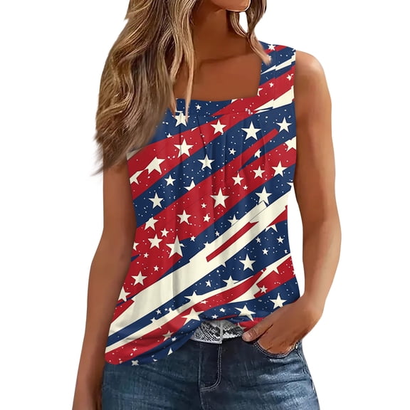 CIENVNSTG Womens 4th of July Independence Day Tank Tops Square Neck Sleeveless Tie Dye USA Flag Print Casual Loose Vest Watermelon Red L