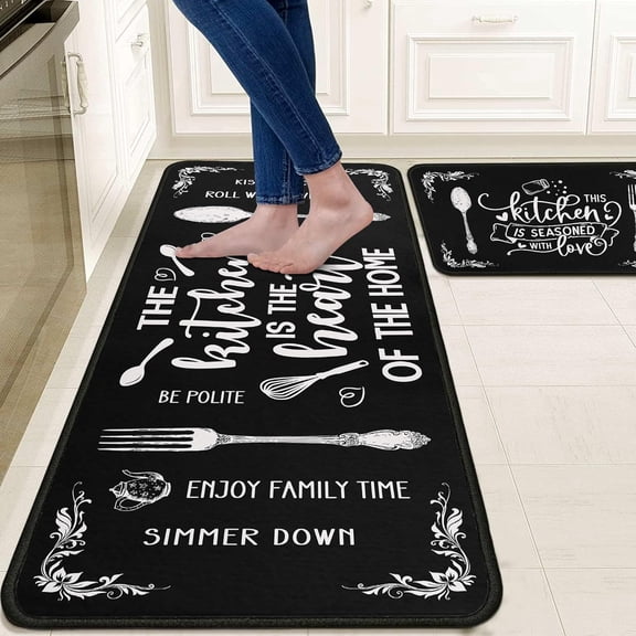 Black and White Kitchen Rugs Sets of 2 Non Slip Microfiber Mats for Floor Washable Farmhouse Area Rug Carpet Runner Hallway Laundry Room 17"x 47" 17"x 30"