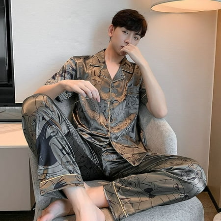 

DanceeMangoo Mens Pajamas Set Autumn Leisure Elastic Waist Men Sleepwear Silk Mens Short Sleeve Nightwear Print Top + Long Pant Homewear
