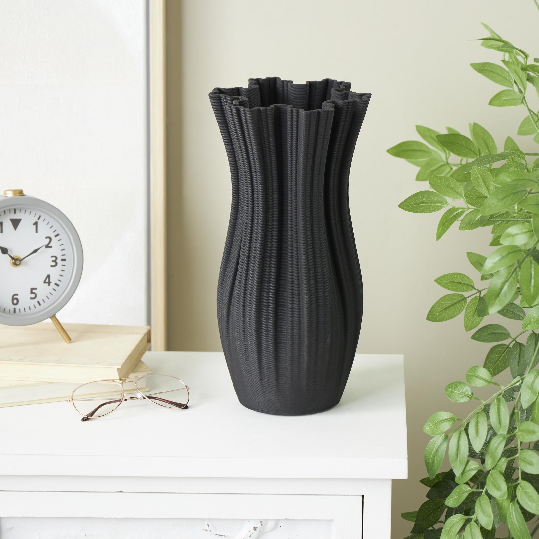 DecMode 14" Abstract Ribbed Tulip Inspired Black Ceramic Vase with Floral Shaped Rim