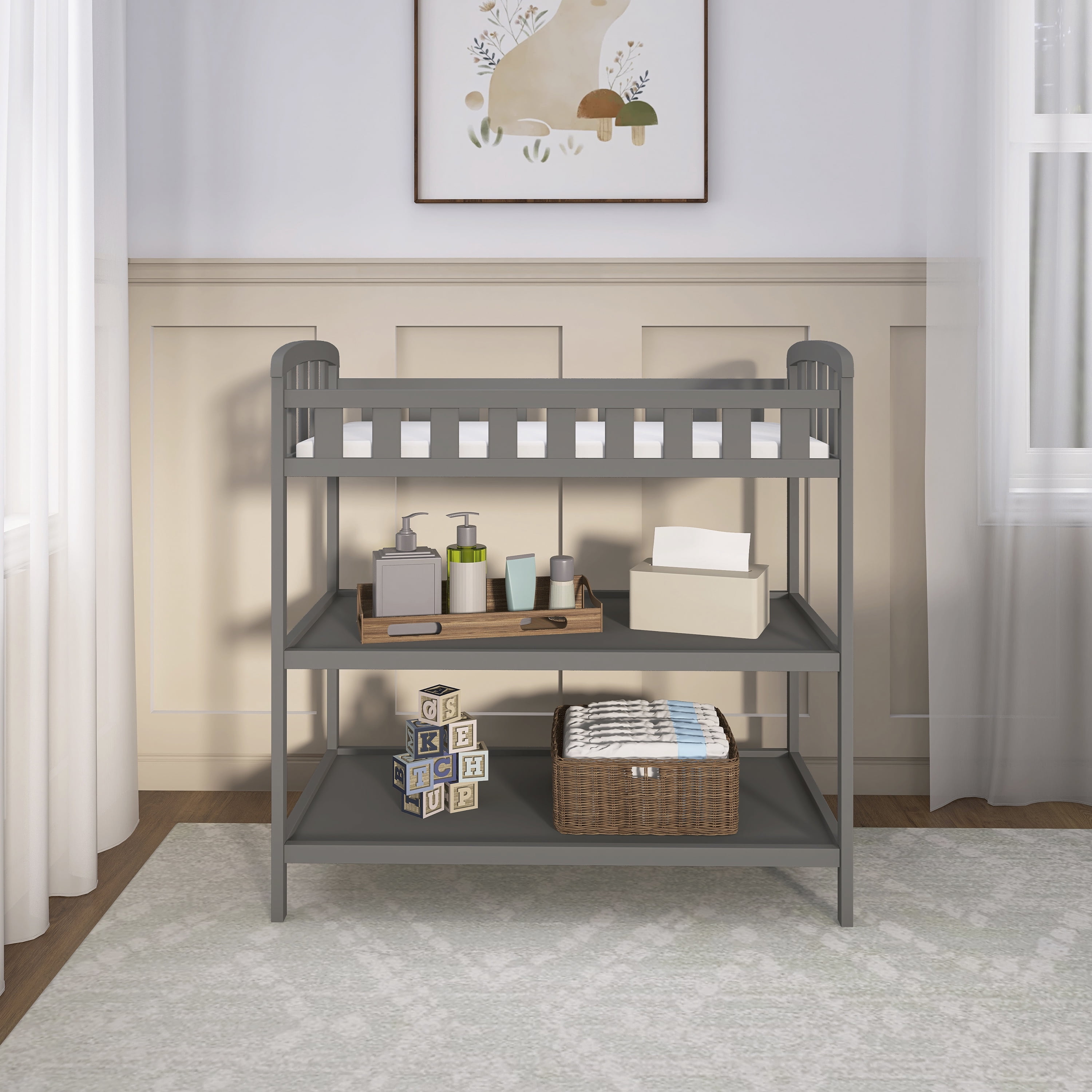 Dream On Me Emily Changing Table with Safety Rail for Infants, Steel Grey, Pine Wood