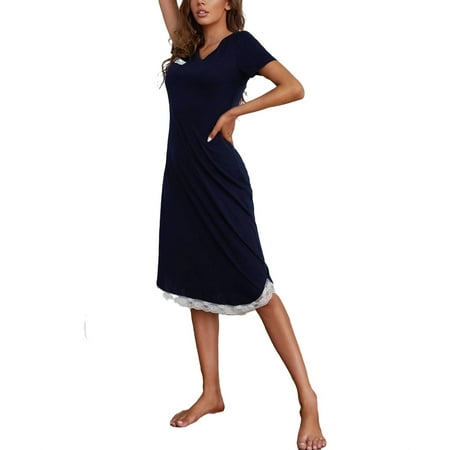 

2pcs Set Casual Colorblock V neck Sleepshirts Short Sleeve Navy Blue Women s Nightgowns (Women s)