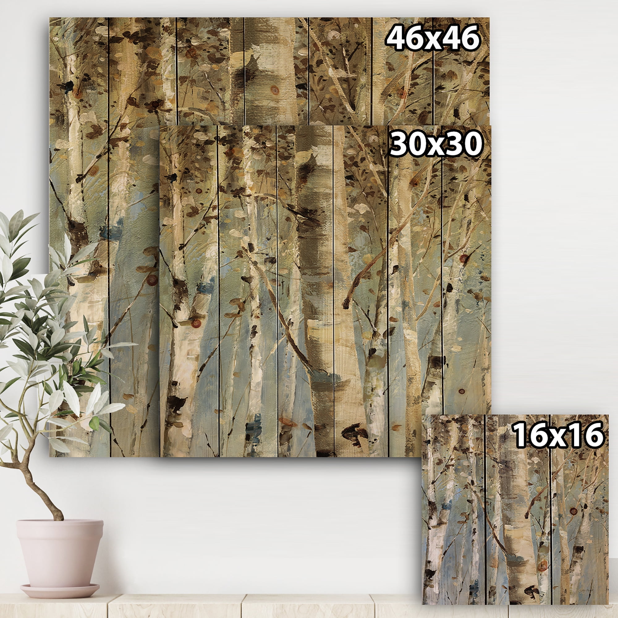 Designart 'White Birch Tree Forest II' Modern Farmhouse Print on Natural Pine Wood