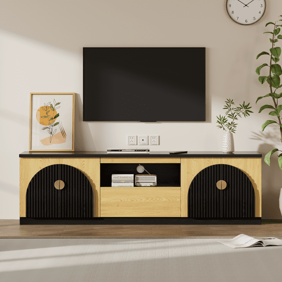 70.87" Entertainment Center for TVs up to 80", Mid Century Modern TV Stand with Arched Fluted Doors, Modern Media Console with Storage Cabinets, Adjustable Shelves, Drawer, Oak & Black