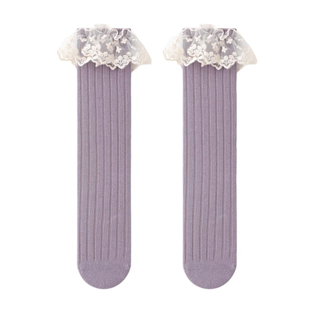 Sleep Socks Children's Socks Cute Princess Lace Middle Tube Socks Solid Color Socks Slipper Socks with Grippers Purple One Size