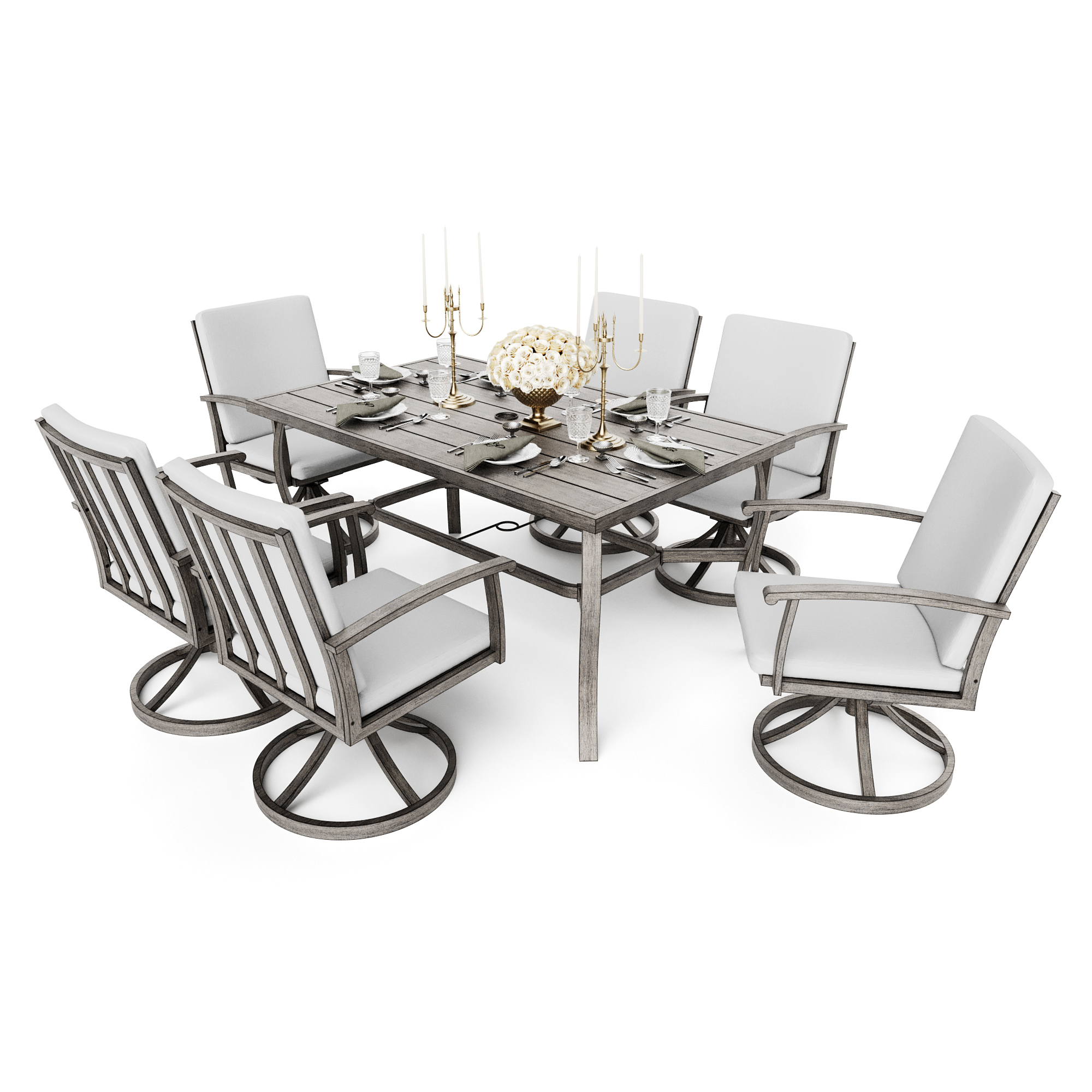 HAPPATIO 7 Piece Patio Swivel Dining Set, Aluminum Outdoor Dining Set for 6,Dining Table and Chairs Set, Patio Dining Furniture with Aluminum Table, Swivel Chairs and Washable Cushions (Gray)