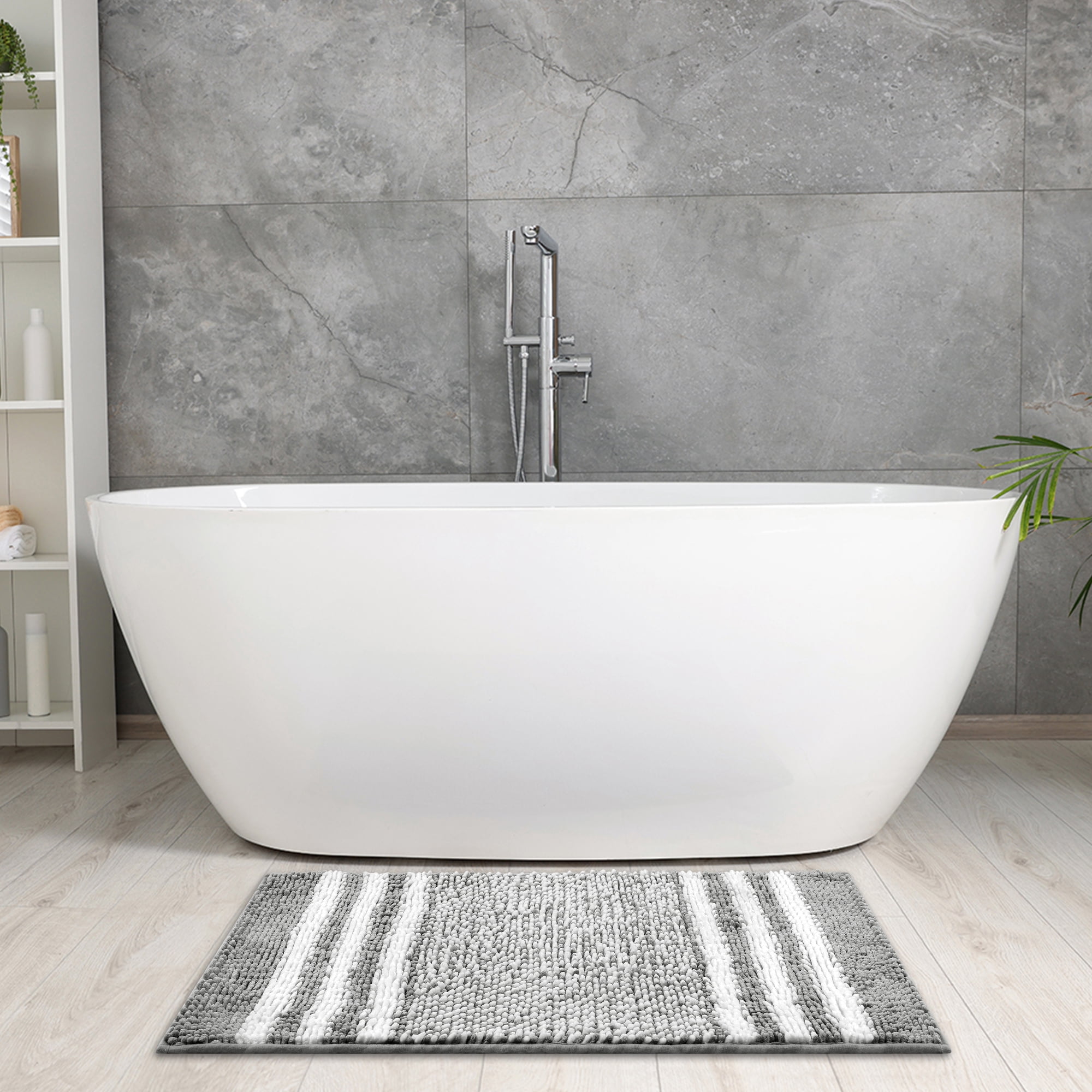 Unique Bargains Striped Chenille Bathroom Rug with Edges Non-Slip Bathroom Floor Mat Dark Gray 20" x 32"