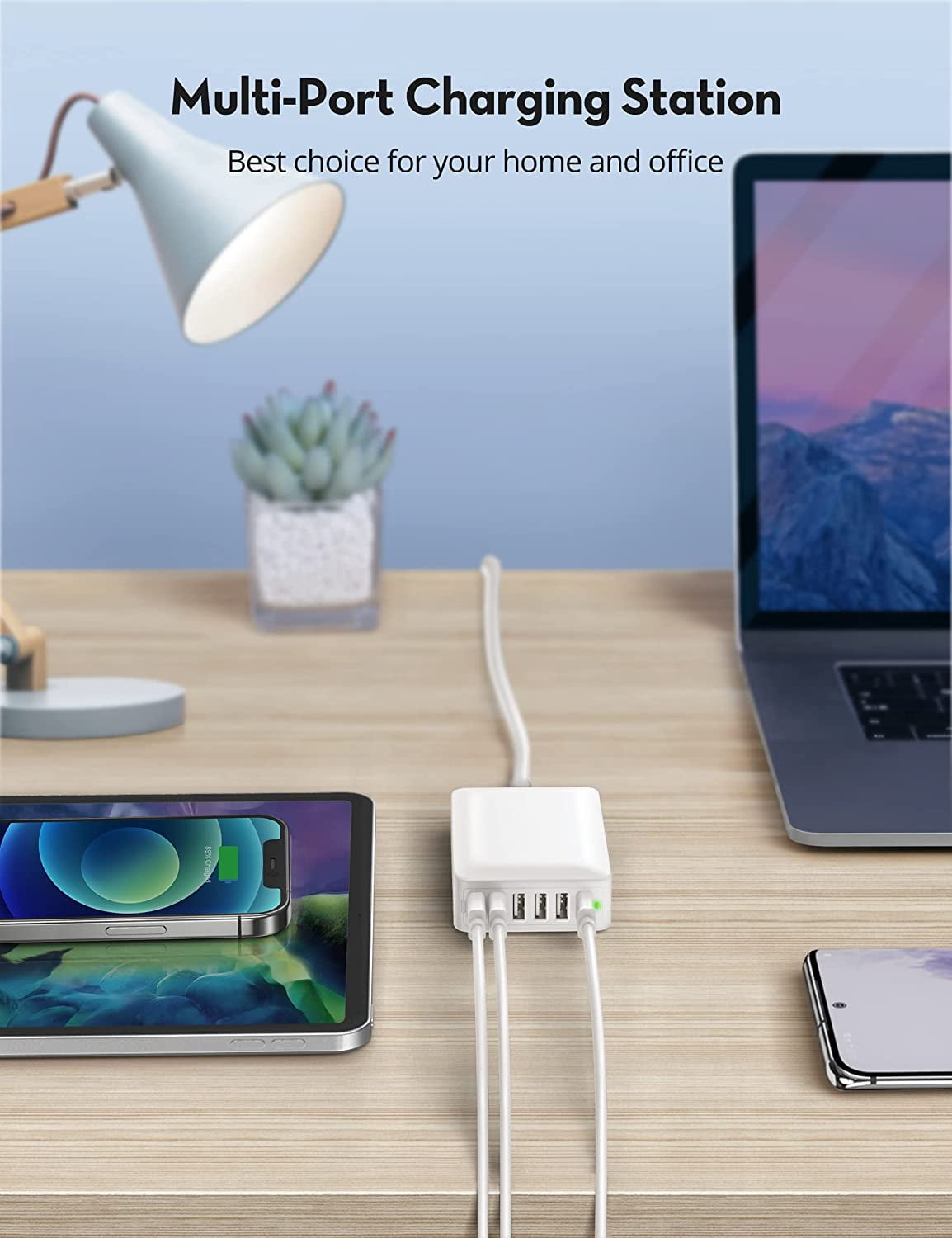 USB Charger 60W USB Charging Hub 12A 6-Port Desktop USB Charging Station with Multiple Port Compatible with iPhone 14 Pro Max 13 Pro Max Mini 12 Pro Max 11 X SE, iPad Pro Air Galaxy S23 (White)