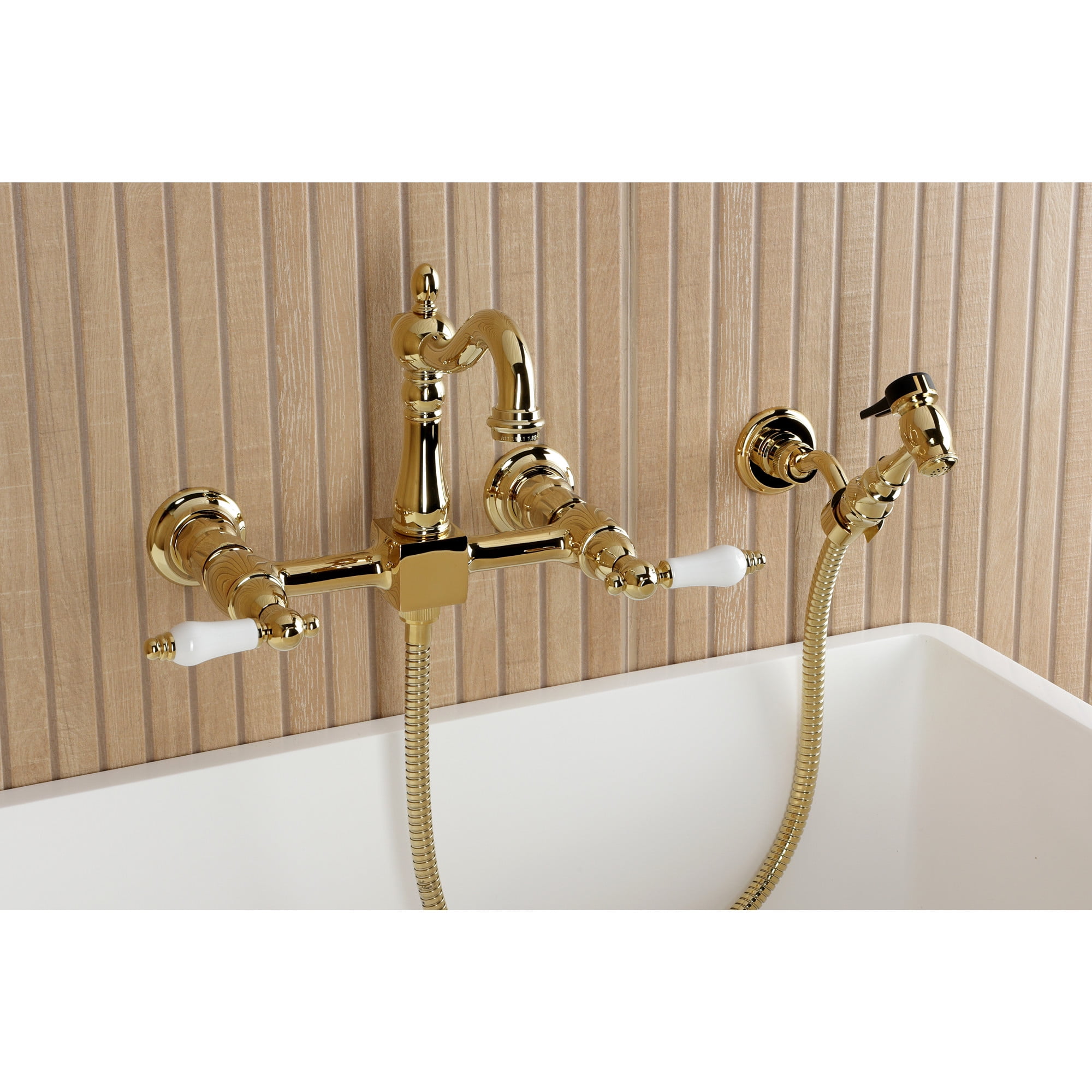 Kingston Brass KS2442PLBS Heritage Double-Handle 3-Hole Wall-Mount Bridge Kitchen Faucet with Brass Sprayer in Polished Brass