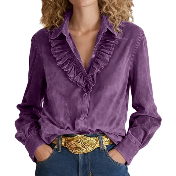 Lenpel Velvet Tops for Women Vintage Long Sleeve Collared Ruffle Trim Button down Shirts Dressy Casual Velour Blouses(Purple,X-Large)
