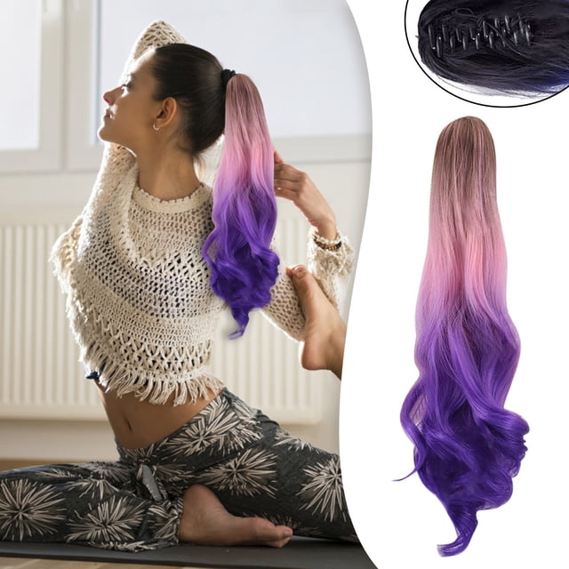 Perruque Femme Tricolore Synthétique Longue Ondulée Bouclée Queue de Cheval Extension de Cheveux, Perruque pour Femmes