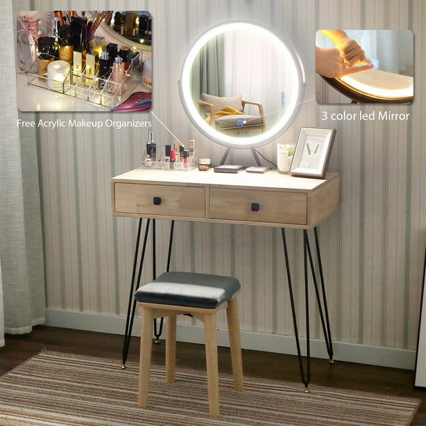 Led Light Mirror And Chair Stool, Small Mirrored Vanity Desk