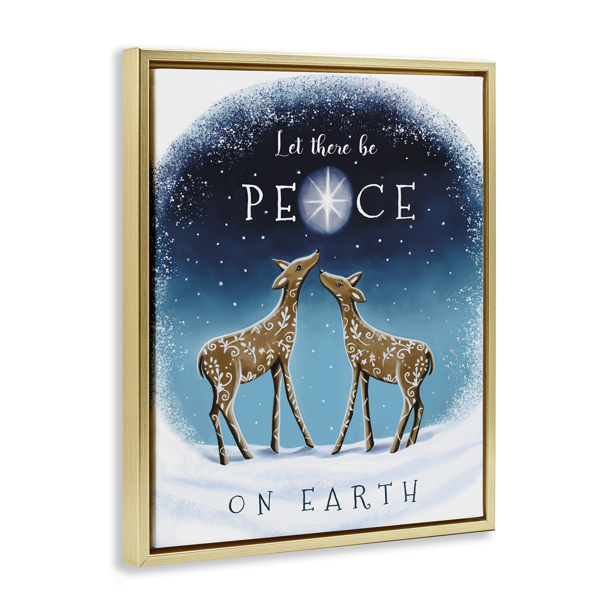 Stupell Industries Peace On Earth Reindeer Holiday Painting Gold Floater Framed Art Print Wall Art, 25 x 31