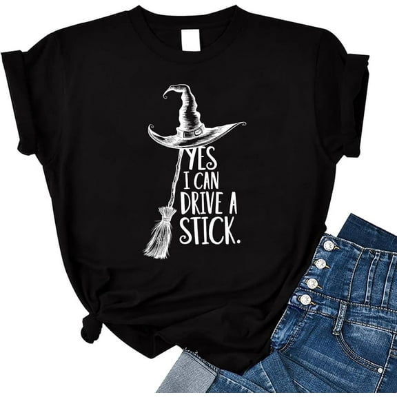 Yes I Can Drive A Stick Shirt for Women Halloween Spooky Witch T-Shirt