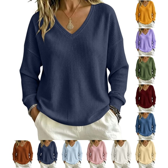 Waffle Knit Sweatshirt for Women Solid Color Long Sleeve V Neck Loose Fit Pullover Tops for Fall Winter