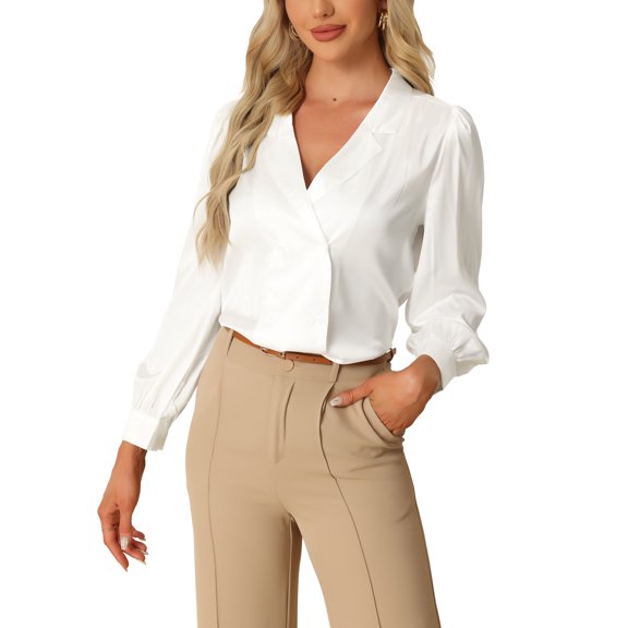 Allegra K Work Business Casual Button Down Shirt for Women's Satin Long Sleeve Blouse