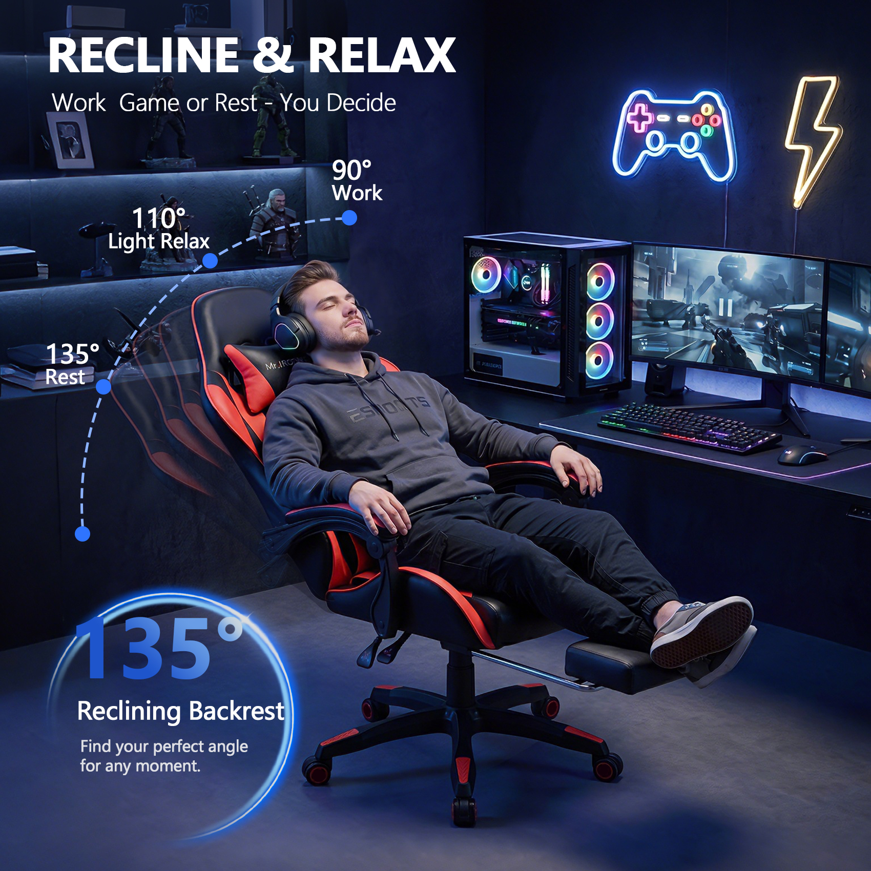Mr IRONSTONE Ergonomic Gaming Chair with Massage, Red/Black photo 3