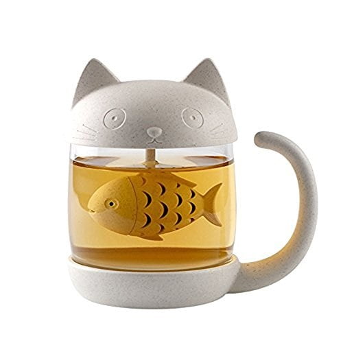 Cute Cat Infuser Tea Mug With Built In Fish Shaped Loose Leaf Infusion Filter Basket 8 5oz Eco Friendly Novelty