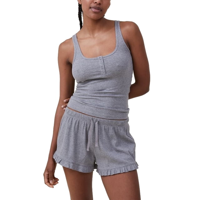 xiaxaixu Women Casual Ribbed Set Button Slim Fit Tank Top and Ruffles Trim Shorts Summer 2 Piece Outfits Loungewear