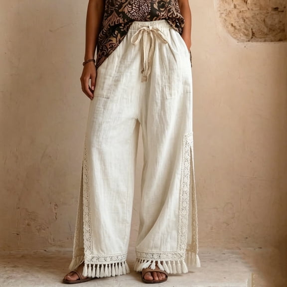Women's Soft Cotton Blend Wide Leg Trousers, Elastic Mid Waist with Tummy Control & Flowy Silhouette, Comfy Loose Fit Dress Pants for Work, Daily Wear, Lounge & | TruHer,Beige L