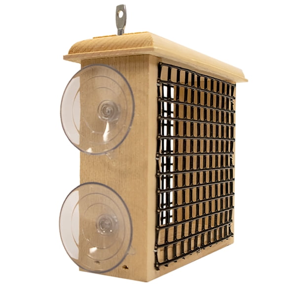 Window Suet Bird Feeder with Suction Cups - Handmade in USA from Eastern White Pine - Easy-Clean Suet Cage with Vinyl-Coated Grid - Attracts Woodpeckers, Titmice & More