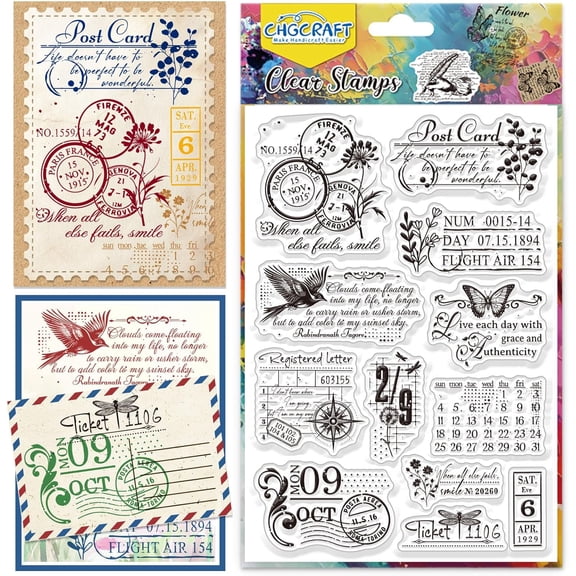 Vintage Collages Clear Stamps Plant Transparent Stamps Letter Silicone Clear Stamp Seals for DIY Scrapbooking Photo Album Decoration 4.3x6.3 inch