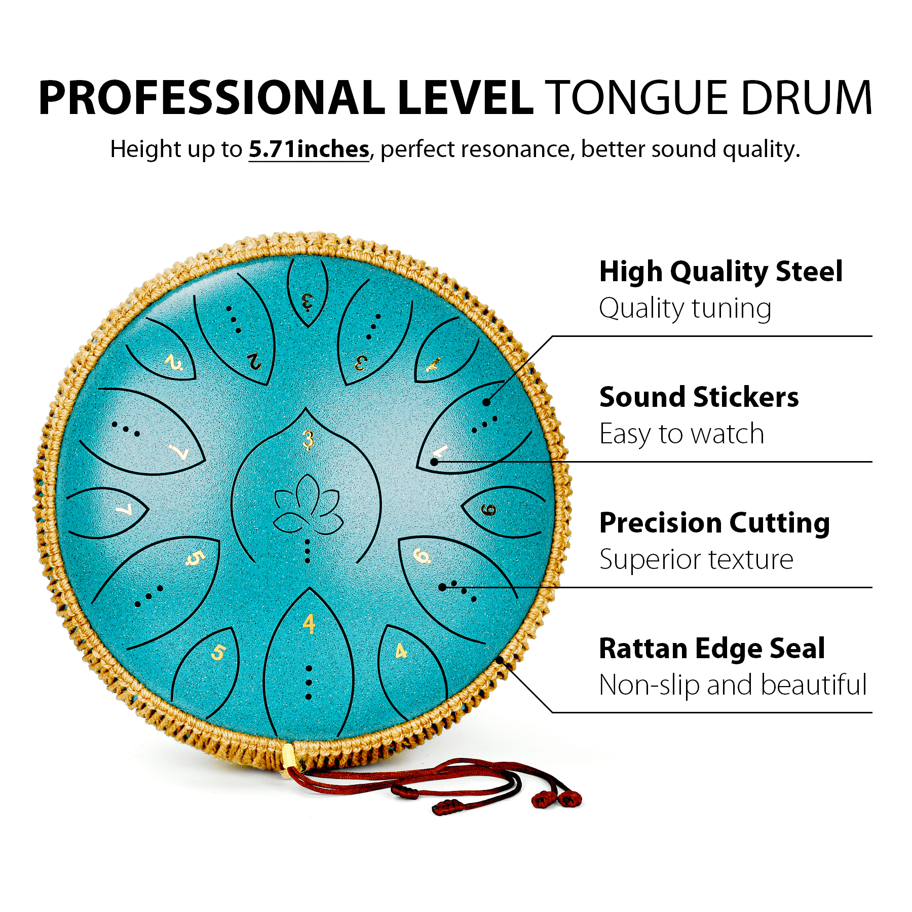 Lidguni Steel Tongue Drum 13" 15-Notes Tongue Pan Drums for Adults, C Major, Malachite Green