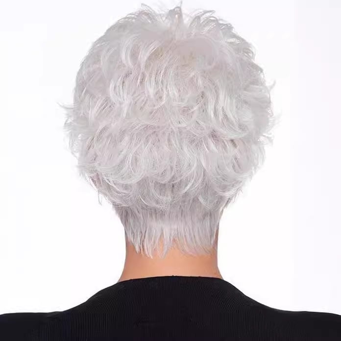 Women's silver-white short hair wig - oblique bangs reversed design, fashionable and natural
