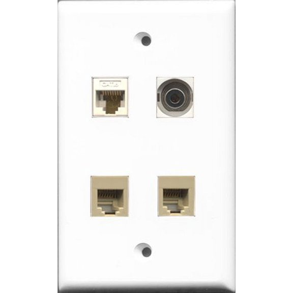 RiteAV - 2 Port Phone RJ11 RJ12 Beige and 1 Port 3.5mm and 1 Port Cat6 Ethernet White Wall Plate