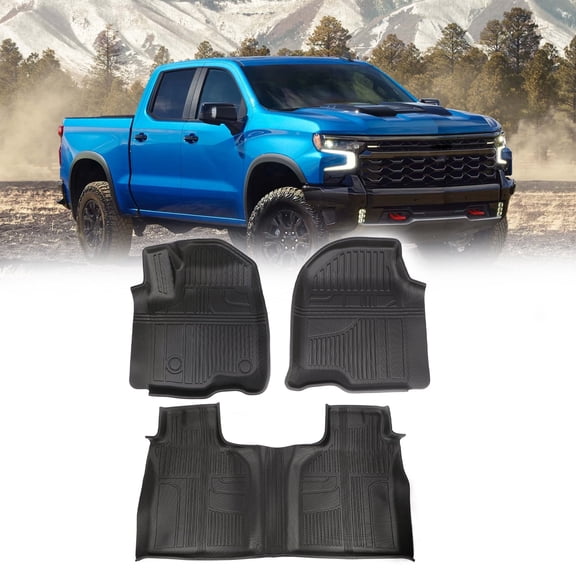 3W Floor Mats Fit for 2019-2025 2026 Chevy Silverado/GMC Sierra Denali 1500 Sierra 2500/3500 HD Crew Cab TPE All Weather Floor Liner, Fit For 2nd Row with Factory Carpeted Storage