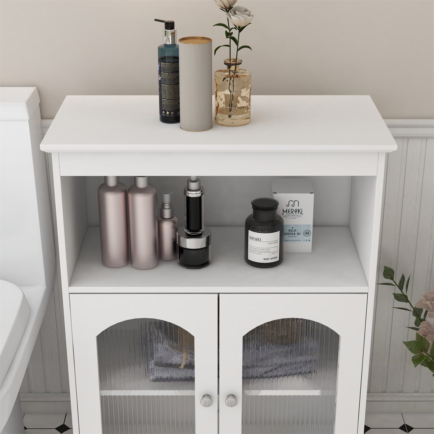 Kadyn Freestanding Bathroom Floor Cabinet, Bathroom Storage Cabinet with 2 Glass Doors 1 Open Shelf Inner Shelf, White Kadyn Freestanding Bathroom Floor Cabinet, Bathroom Storage Cabinet with 2 Glass Doors 1 Open Shelf Inner Shelf, White