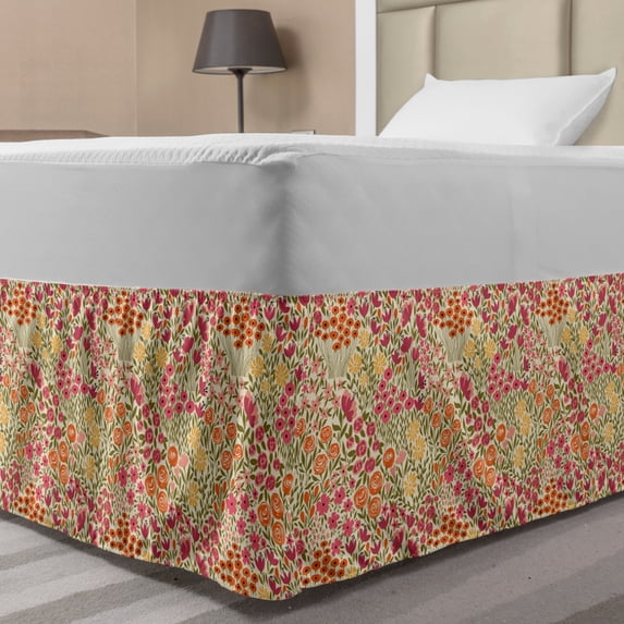 Pink Floral Bed Skirt, Spring Meadow with Various Simplistic Drawn Flowers Graphic, Elastic Bedskirt Dust Ruffle Wrap Around for Bedding Decor, 4 Sizes, Champagne and Multicolor, by Ambesonne