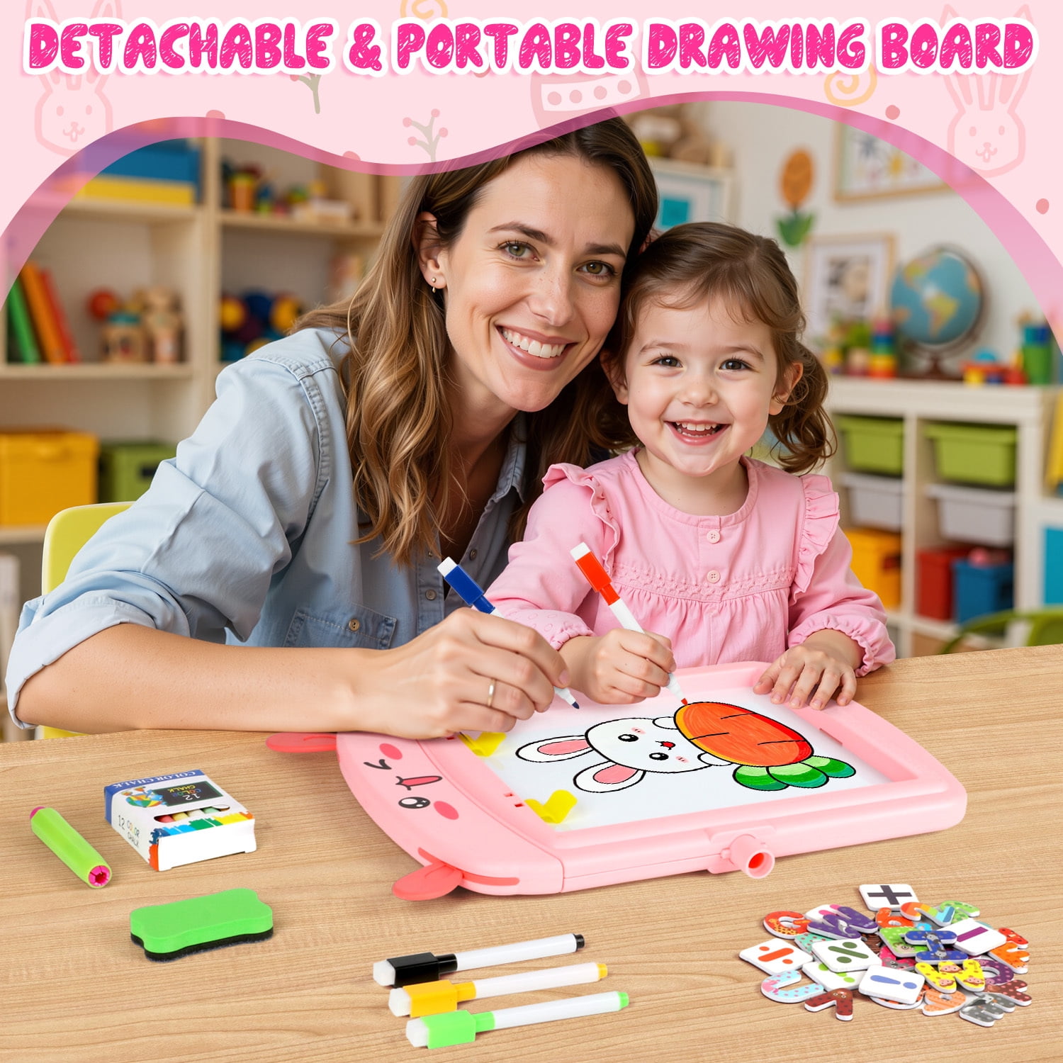 HopeRock Easel for Kids, Pink Rabbit Toddler Easel, Double-Sided Magnetic Whiteboard & Chalkboard, Toddler Art Set Educational Drawing Easel Gift for 2-6 Year Old Girls.