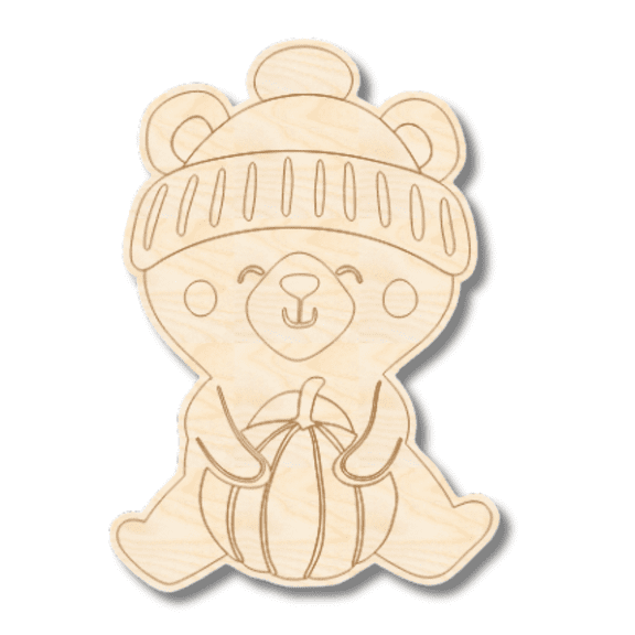 Unfinished Wood Etched Cute Pumpkin Bear Shape | Paint By Line Crafts 14" / 1/8"