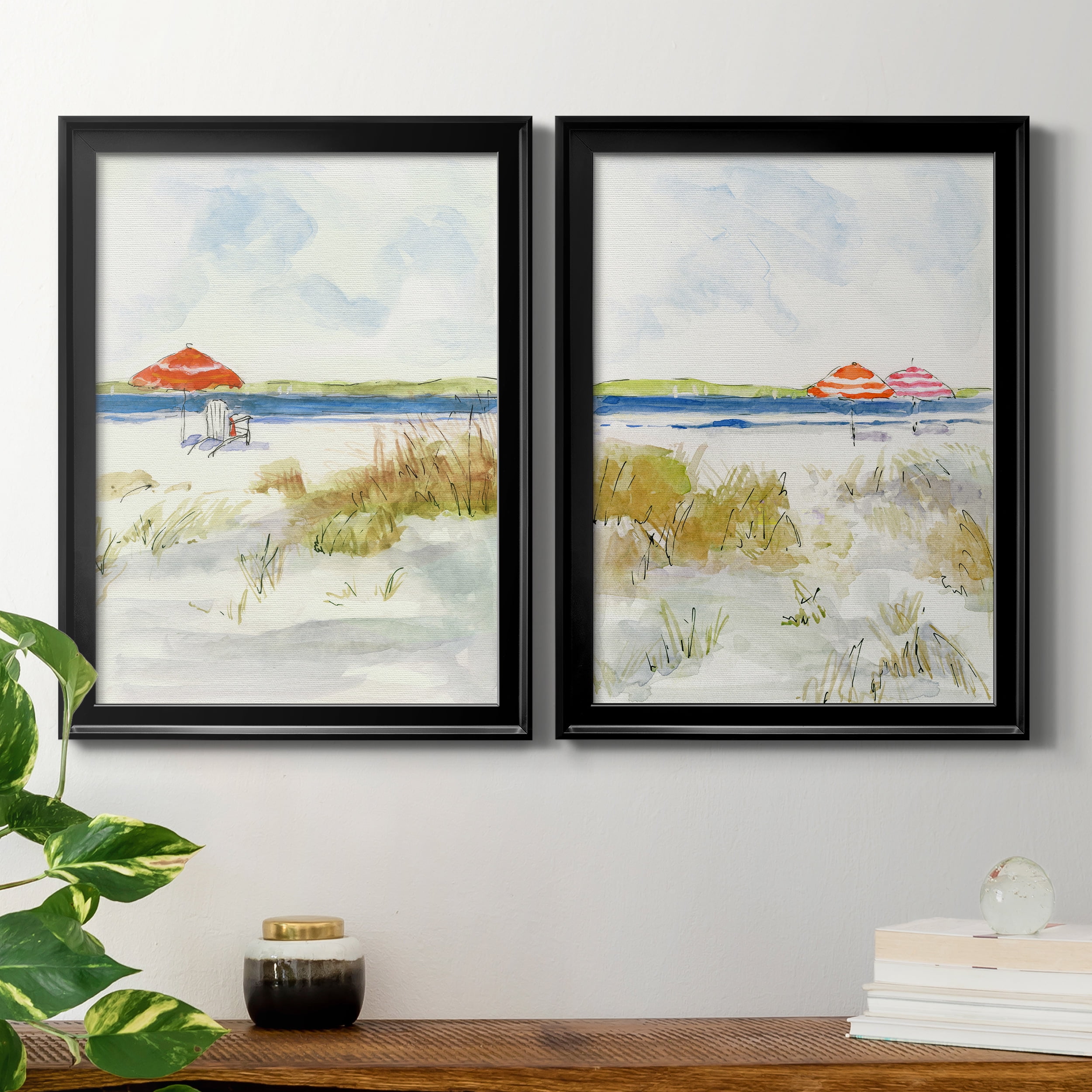2 Piece Set Sketchy Beach I Premium Framed Canvas - Ready to Hang - 18.5 x 24.5 Each - Gold Frame