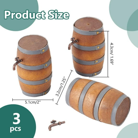 3pcs Mini Wooden Wine Barrel Miniature Beer Barrel with Zinc Alloy Findings Goldenrod 43x32x51mm