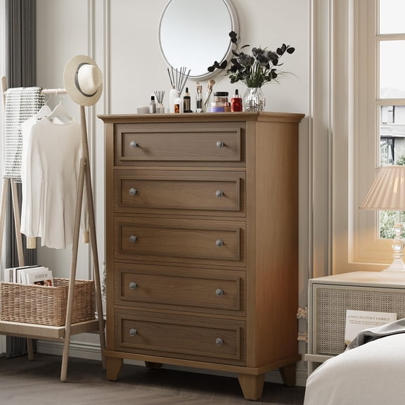 5 Drawers Dresser, 48" Tall Wood Dresser & Chests with Deep Drawers, Modern Chest Organizer with Metal Handles for Bedroom, Living Room, Brown