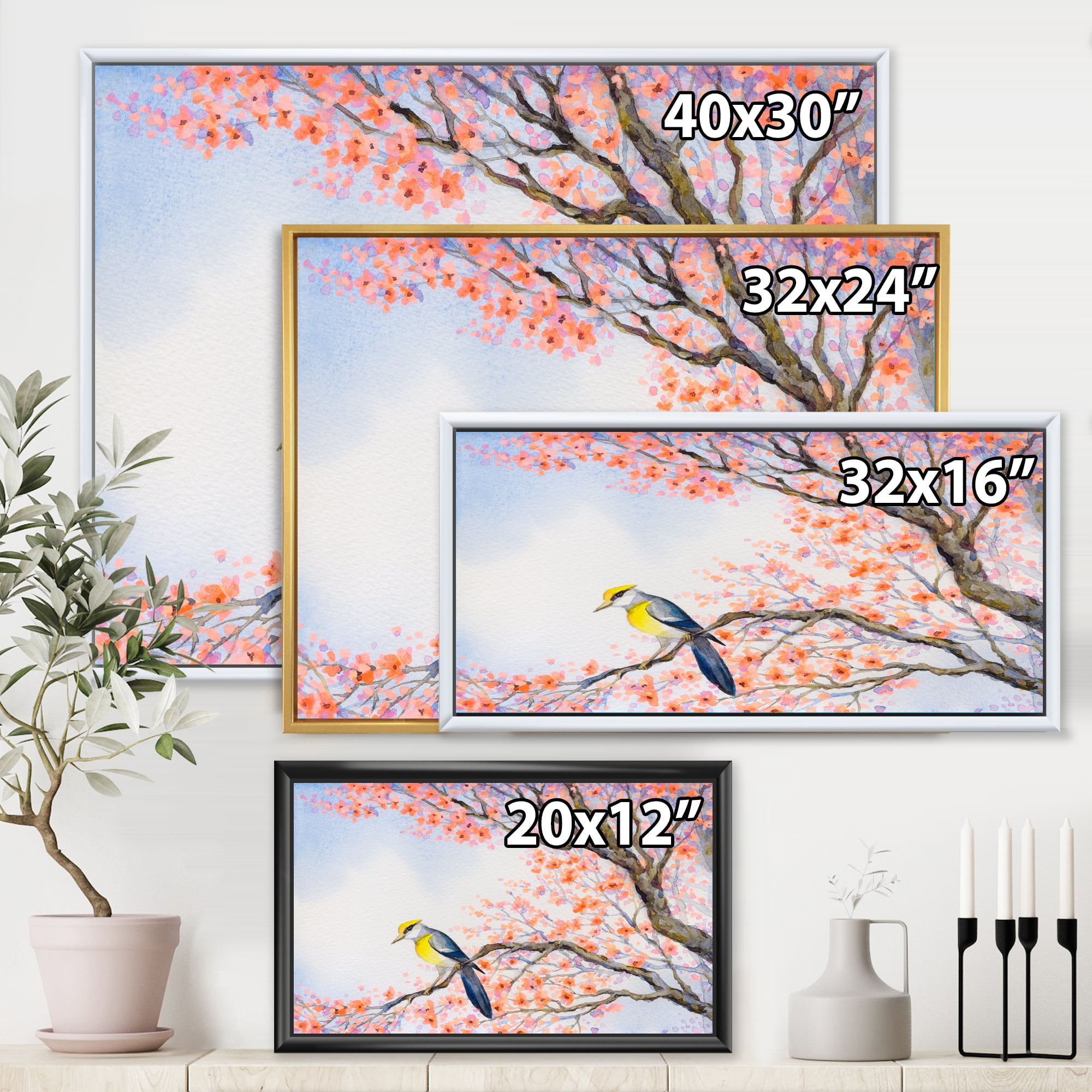 Designart 'Beautiful Blue Bird Sitting On Flowering Branch I' Traditional Framed Canvas Wall Art Print