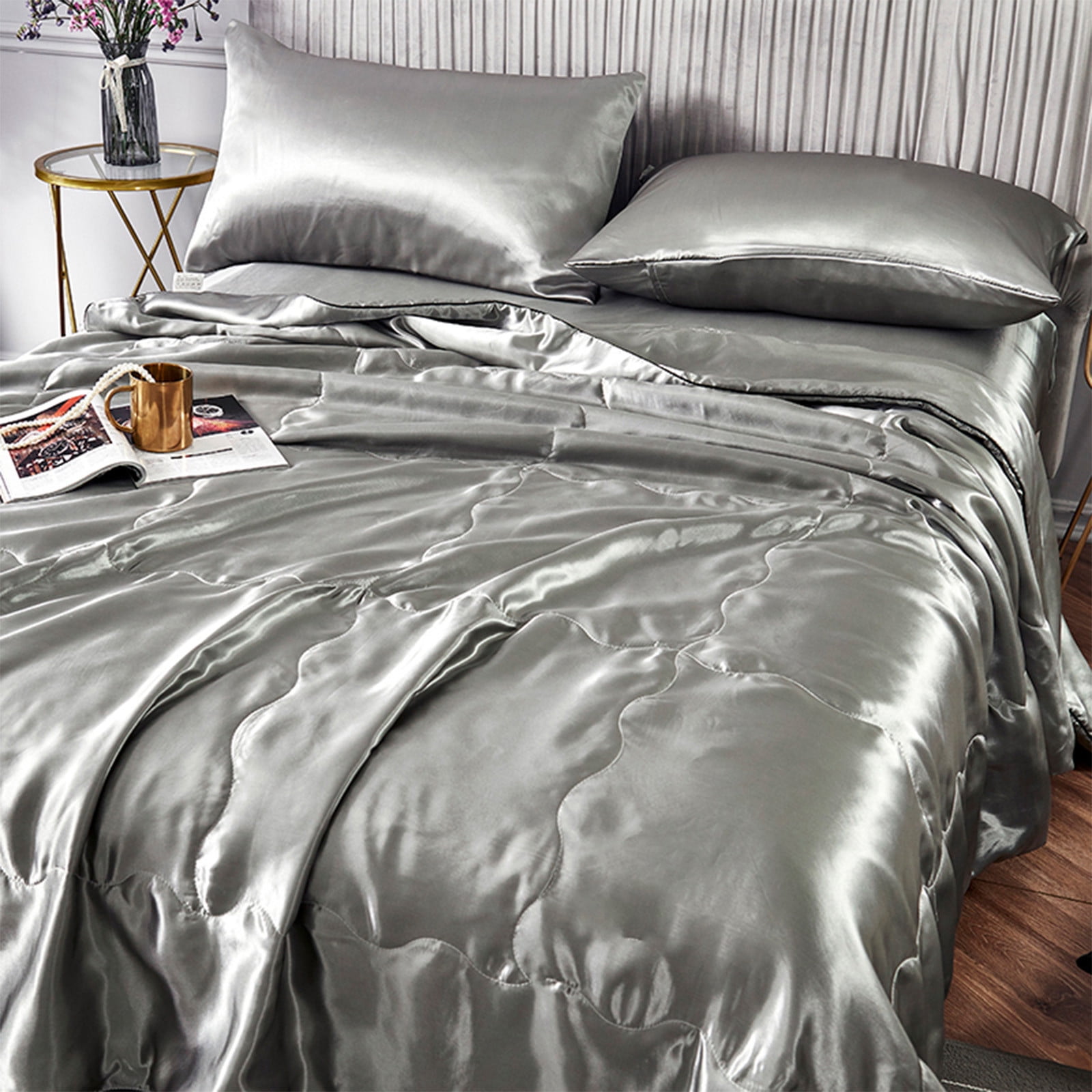 FastXmas Silk Satin Comforter Queen Size, Solid Color Reversible Summer Cooling Blanket, Double Sided Cold Effect, Breathable Lightweight Feather Down Quilted Bedding Machine Washable for All Season