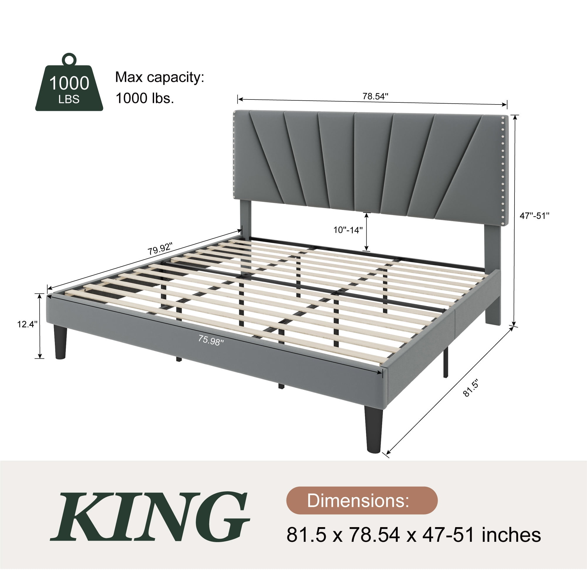 Amolife King Size Platform Bed Frame with Adjustable Velvet Upholstered Headboard, Gray